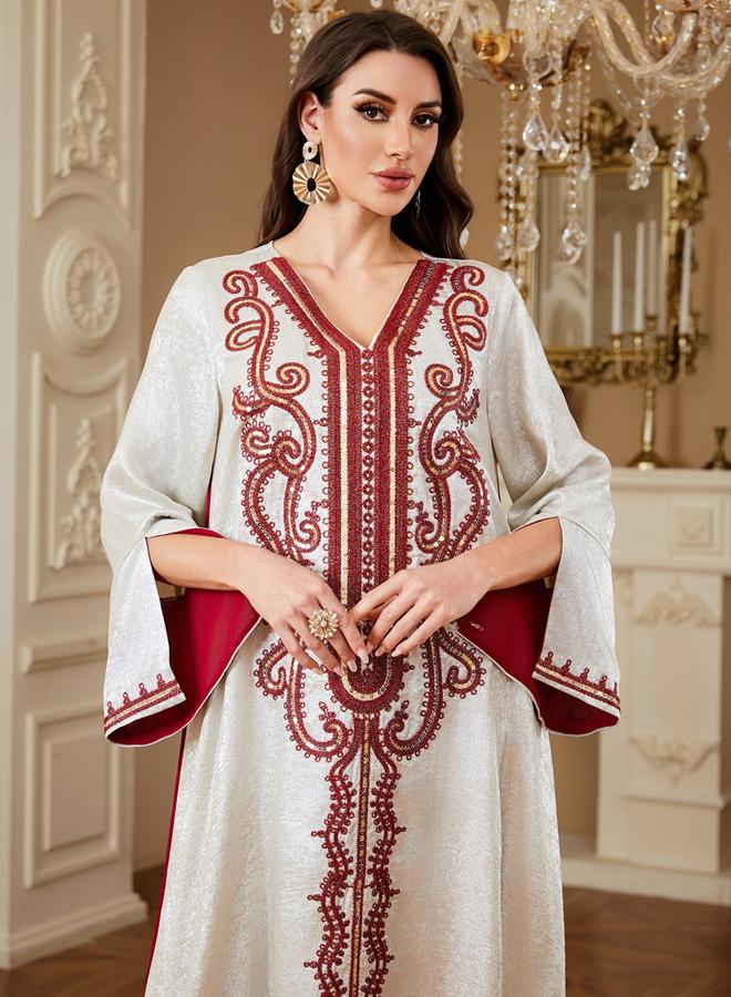 Take Two Women Embroidered V Neck Jalabiya with Hijab - Image 3
